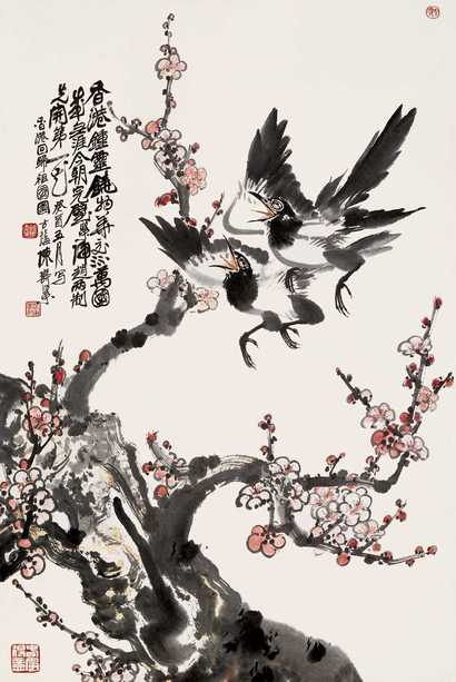 陈寿荣 1993年作 梅鹊争春 立轴